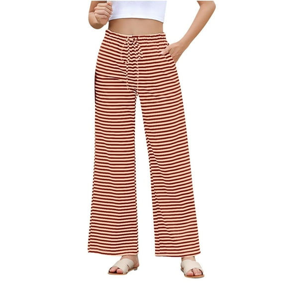Penkiiy Women Striped Casual Lounge Pants Drawstring Wide Leg Low Rise Trousers with Pockets Loose Pajama Pants M Red