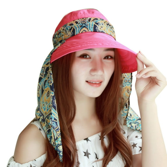 Penkiiy Women Sun Hats Sun Protection Neck Shield Flap Cap Summer Wide Brim Hat with Silk Neck Flap for Girl Lady Hot Pink