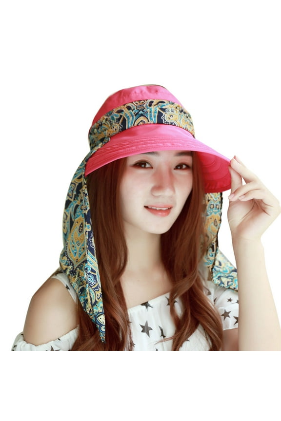 Women Sun Hats Sun Protection Neck Shield Flap Cap Summer Wide Brim Hat with Silk Neck Flap for Girl Lady Hot Pink
