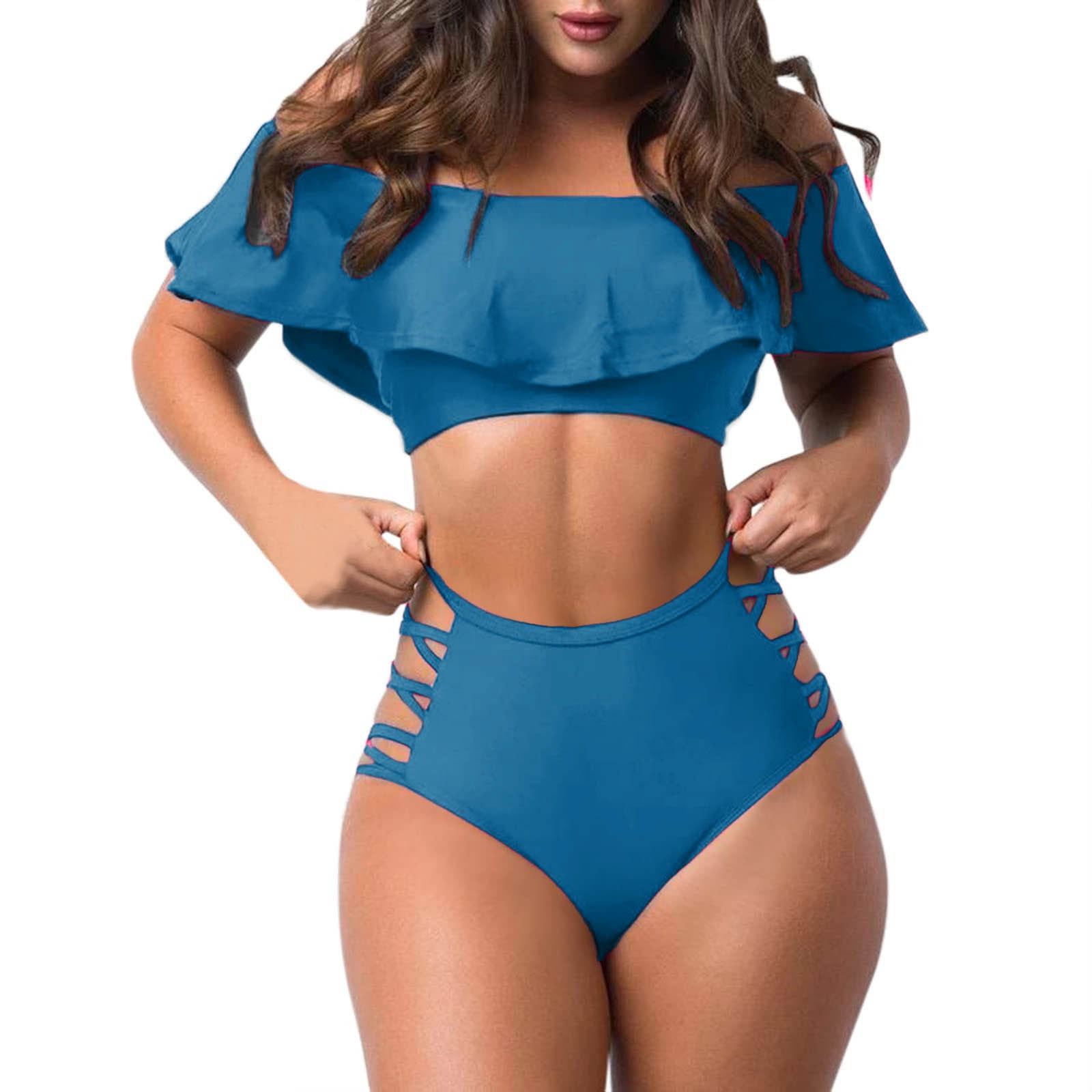 Penkiiy Women Two Piece Swimsuits Ruffle High Waisted Bikini Ruched Bathing Suit with Bottom M Blue
