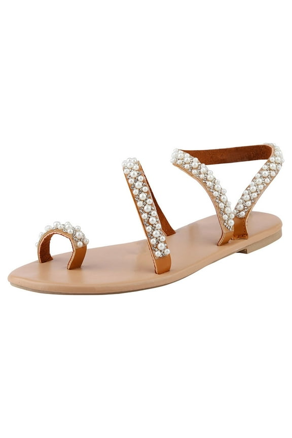 Penkiiy Women Vintage Boho Pearl Sandals Beach Holiday Shoes Leather Flats Shoes