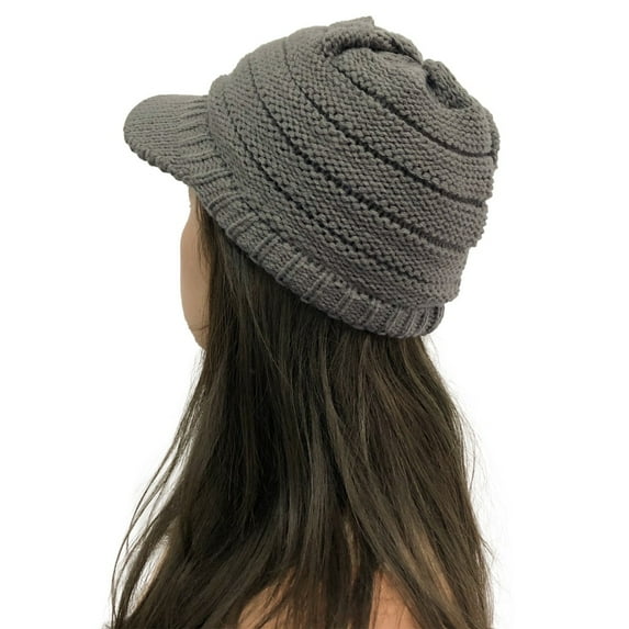 Penkiiy Women Winter Knit Hat Winter Brim Beanie Hats for Women Slouchy Beanie Cap with Visor Warm Newsboy Skull Cap Gray