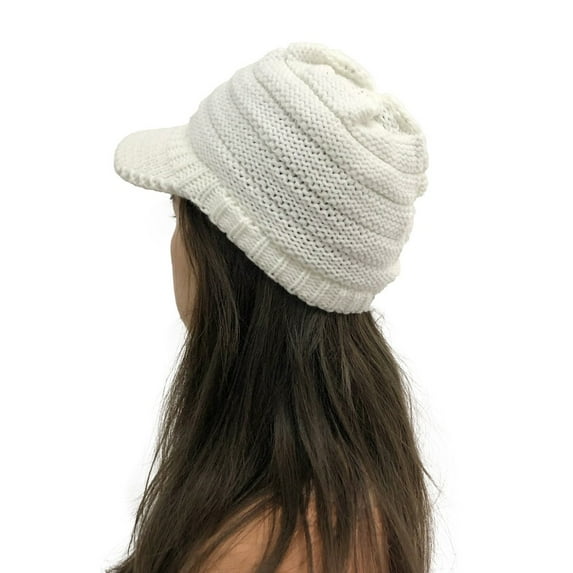 Penkiiy Women Winter Knit Hat Winter Brim Beanie Hats for Women Slouchy Beanie Cap with Visor Warm Newsboy Skull Cap White