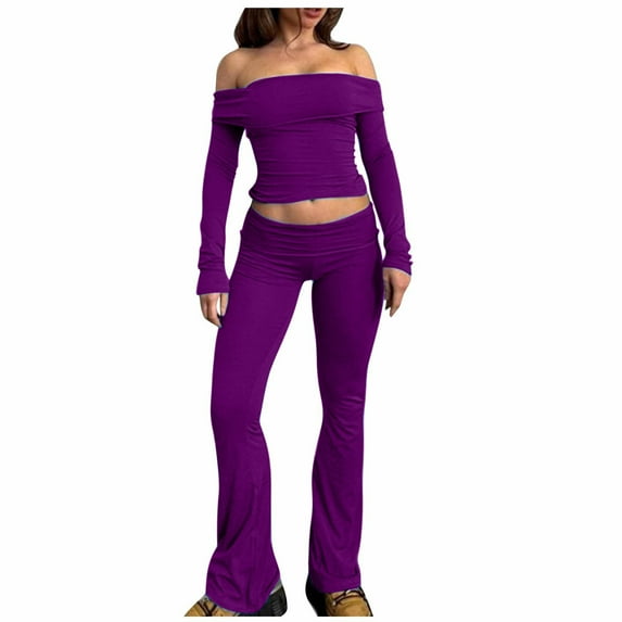 Penkiiy Women's 2 Piece Outfit Off the Shoulder Long Sleeve Crop Top and Flare Leg Pants Set L Purple