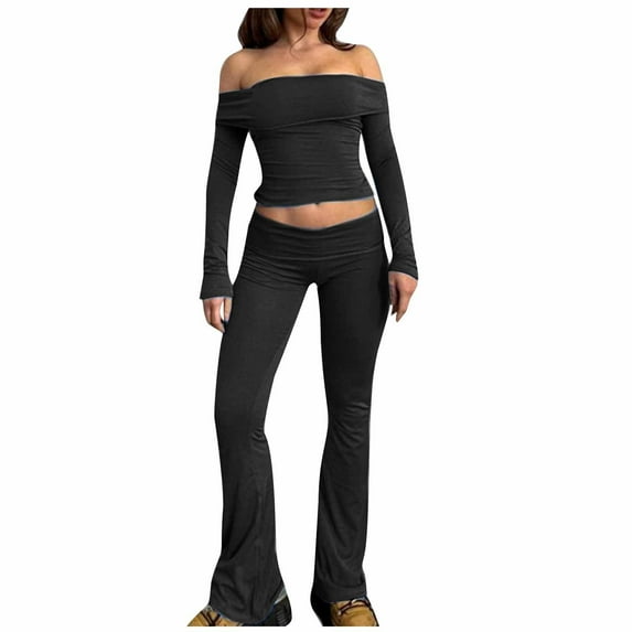 Penkiiy Women's 2 Piece Outfit Off the Shoulder Long Sleeve Crop Top and Flare Leg Pants Set S Black