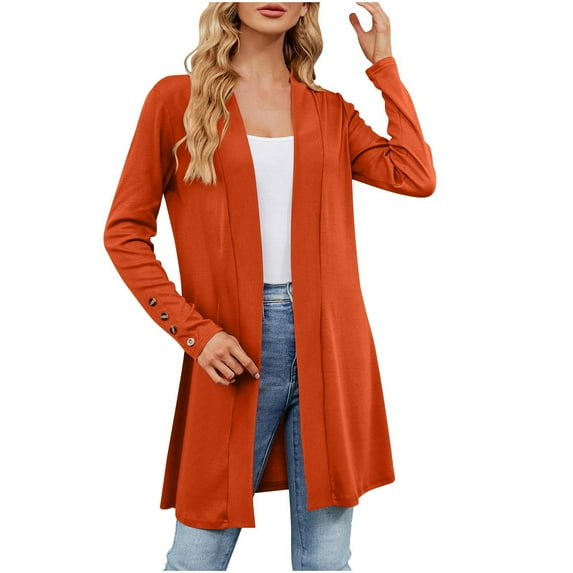 Penkiiy Women's 2023 Fall Long Sleeve with Snap Button Down Solid Color Knit Ribbed Neckline Cardigans Orange for 2XL