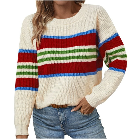 Penkiiy Women's 2024 Fall Winter Striped Color Block Short Sweater Long Sleeve Crew Neck Casual Loose Knit Pullover Tops S Beige