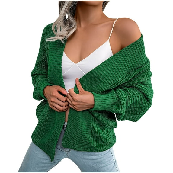 Penkiiy Women's 2024 Fashion Casual Open Front Long Sleeve Chunky Knit Cardigans Sweaters Outerwear Coats M Green