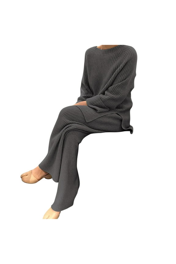 Women's 2024 Spring Fall 2 Piece Outfits Sweater Set Cable Knit Pullover Top and Wide Leg Sweatpants Lounge Sets LoungewearSet 3XL Gray