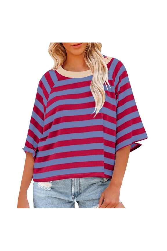 Women's 2024 Summer Half Sleeve Striped T Shirts Casual Crew Neck Oversized Tee Tops S Hot Pink