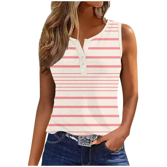 Penkiiy Women's 2024 Summer Tops Printed Button Round Neck Sports Tank Top Sleeveless Tee Shirt Casual for Outwear XL Beige