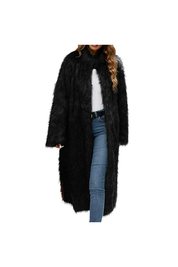 Women's 2024 Winter Faux Fur Jackets Fall Fashion Open Front Long Shaggy Coat Outerwear 3XL Black