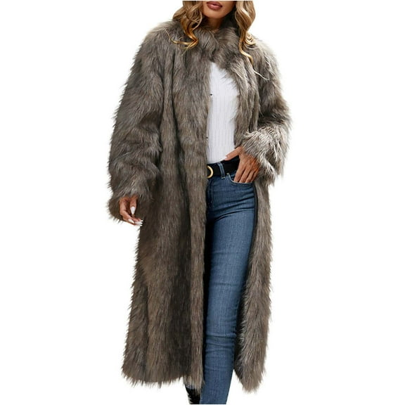 Penkiiy Women's 2024 Winter Faux Fur Jackets Fall Fashion Open Front Long Shaggy Coat Outerwear 3XL Brown