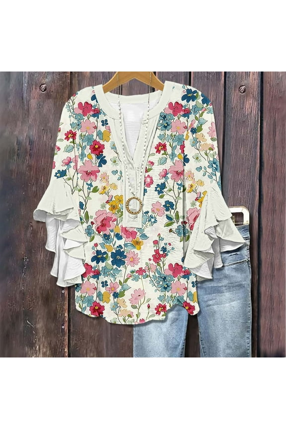 Women's 3/4 Flutter Sleeve V-Neck Casual Boho Blouse - Summer Ready Loose Fit Floral Print Top