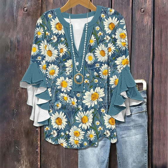 Penkiiy Women's 3/4 Flutter Sleeve V-Neck Casual Boho Blouse - Summer Ready Loose Fit Floral Print Top