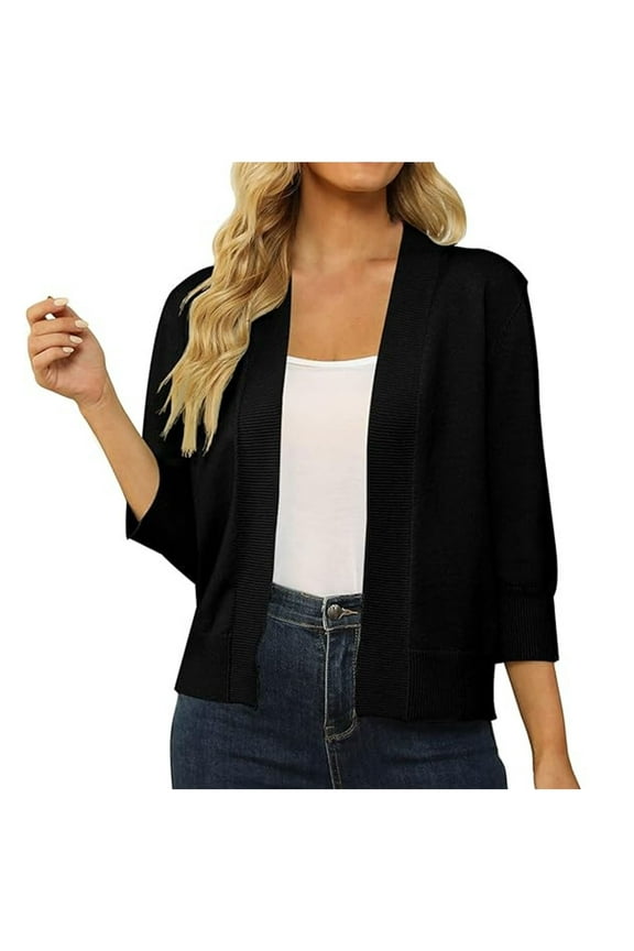 Women's 3/4 Sleeve Cropped Cardigan Sweater Open Front Short Shrugs Cardigans Lightweight Sweaters L Black