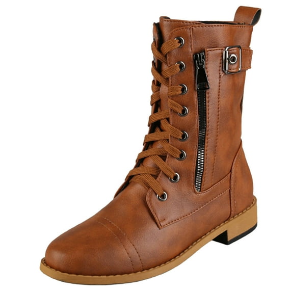Penkiiy Women's Ankle Bootie Winter Lace up Mid Calf Military Combat Boots 40 Brown
