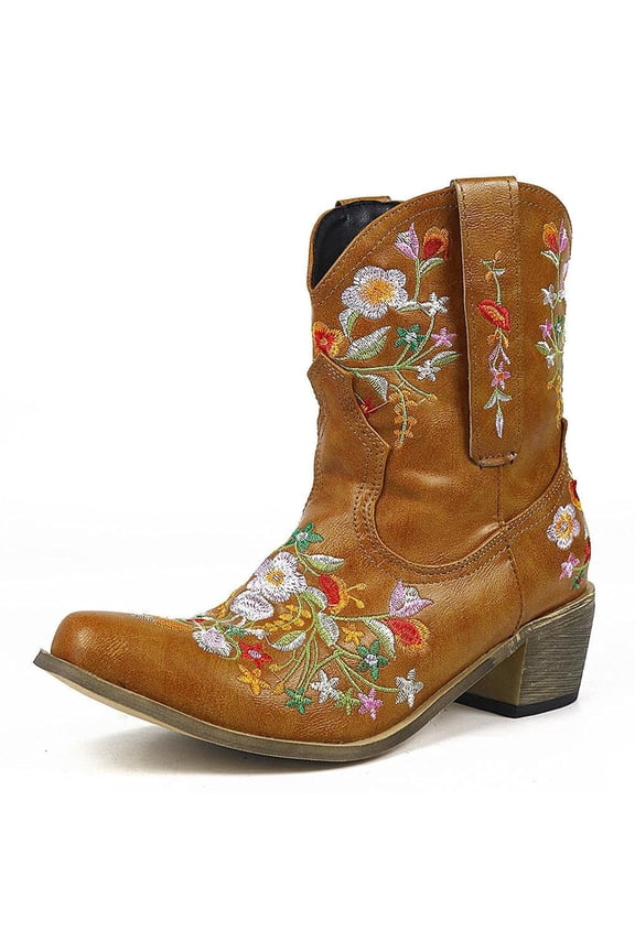 Women's Ankle Boots Retro Pointed Toe Chunky Mid Heel Embroidered Western Cowgirl Cowboy Boots 36 Yellow