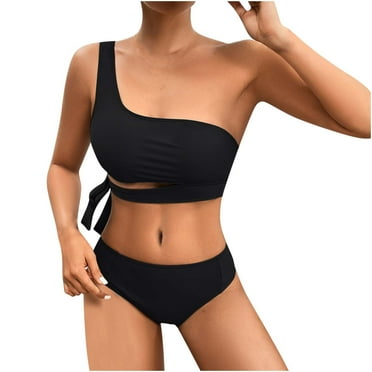 Penkiiy Women's Bikini Sets Reversible Wear Cutout One Shoulder Top with Mid Waist Two Piece Bathing Suit S Black