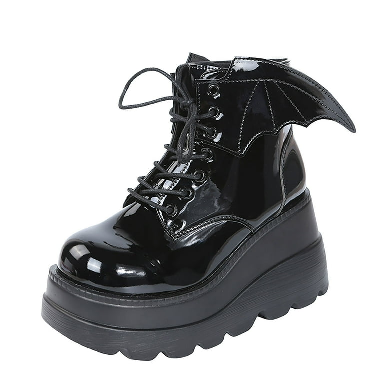 Penkiiy Women's Black Goth Platform Ankle Boots with Bat