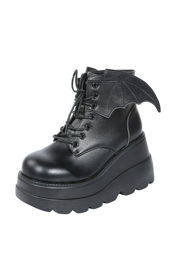 Women's Black Goth Platform Ankle Boots with Bat Wing Buckles Chunky Block Heels Round Toe Zipper Punk Motorcycle Combat Boots Comfy Short Gothic Booties 40 Black