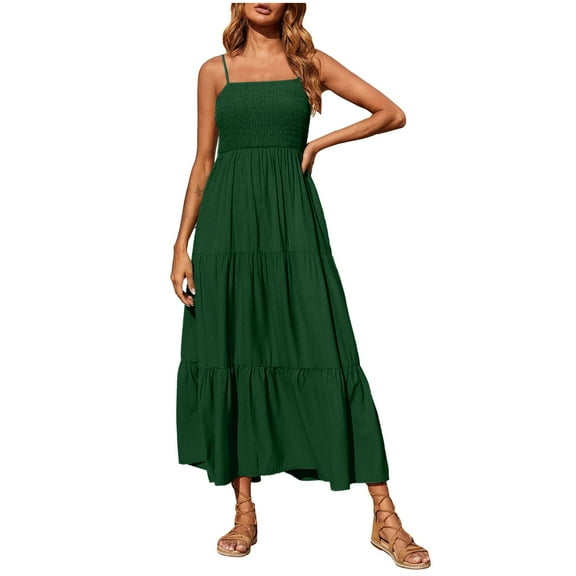 Penkiiy Women's Bohemian Spaghetti Strap Smocked Tiered Long Beach Sun Dresses Sleeveless Solid Maxi Dress Short Party Dress with Pockets M Green 2023 Summer Deal