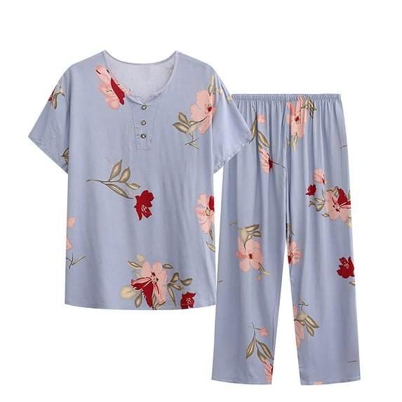 Penkiiy Women's Button Down Short Sleeve Tops and Capri Pants Cute Cartoon Print Pajama Sets 4XL Multicolor
