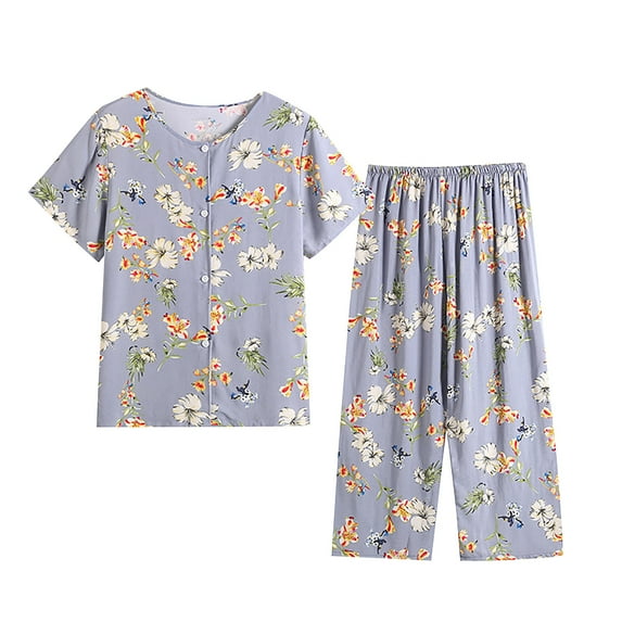 Penkiiy Women's Button Down Short Sleeve Tops and Capri Pants Cute Cartoon Print Pajama Sets XL Gray