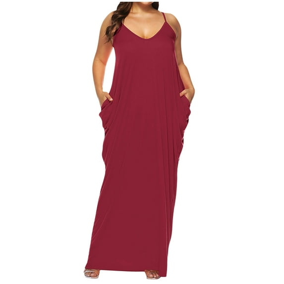 Penkiiy Women’s Casual Loose Plus Size Solid Maxi Dress Sleeveless Baggy Long T-Shirt Tunic Dress with Pockets 2XL Wine