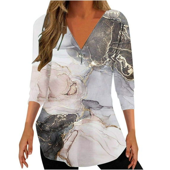 Penkiiy Women's Casual Print Half Zipper T-Shirt Graphic Outdoor Daily Vacation 3/4 Sleeve V-Neck Tunic Tops L Multicolor