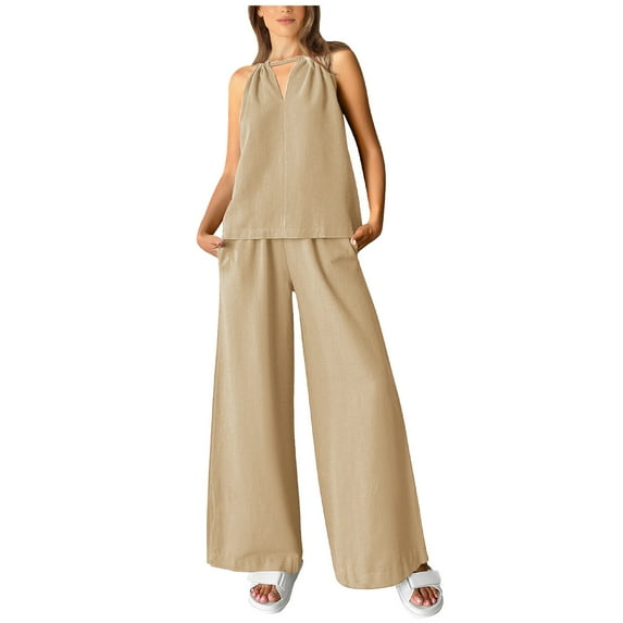 Penkiiy Women's Casual Summer Two Piece Outfits Linen Sets Cutout Halter Sleeveless Top Wide Leg Pants Matching Set 2XL Khaki