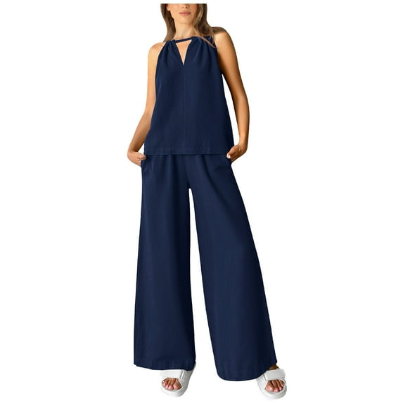 Penkiiy Women's Casual Summer Two Piece Outfits Linen Sets Cutout Halter Sleeveless Top Wide Leg Pants Matching Set L Navy