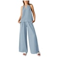 thumbnail image 1 of Penkiiy Women's Casual Summer Two Piece Outfits Linen Sets Cutout Halter Sleeveless Top Wide Leg Pants Matching Set M Blue, 1 of 9