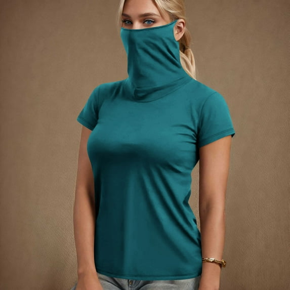 Penkiiy Women's Casual UV Blocking Short Sleeve Top with Face Mask UPF 50+ Lightweight Sun Protection Shirt - Breathable Rash Guard for Outdoor Activities