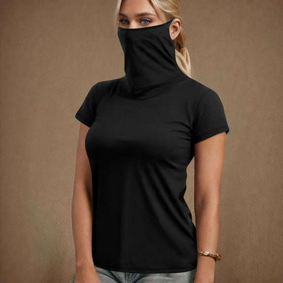 Penkiiy Women's Casual UV Blocking Short Sleeve Top with Face Mask UPF 50+ Lightweight Sun Protection Shirt - Breathable Rash Guard for Outdoor Activities
