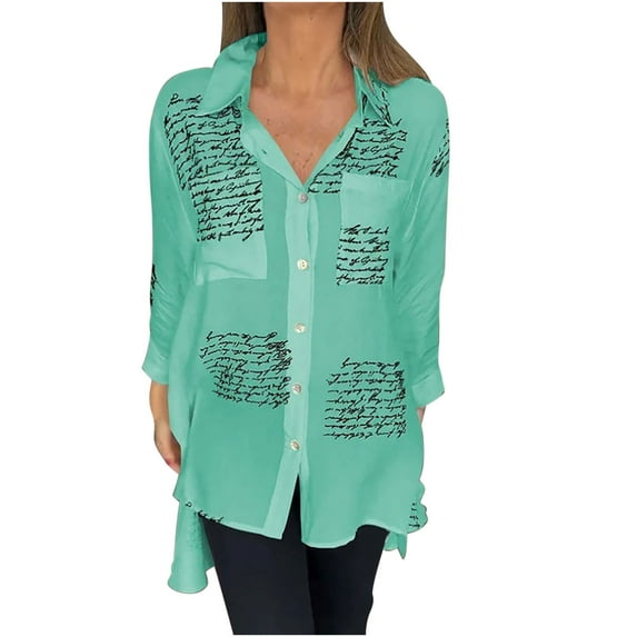 Penkiiy Women's Causal Henley Shirts Lapel Irregular Front Short Back Letter Printed Loose Plus Size Long Sleeved Silk Shirts L Green