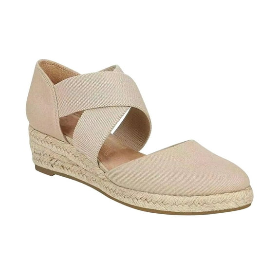 Penkiiy Women's Closed Toe Crisscross Elastic Ankle Strap Platform Espadrille Wedge Sandals 40 Beige