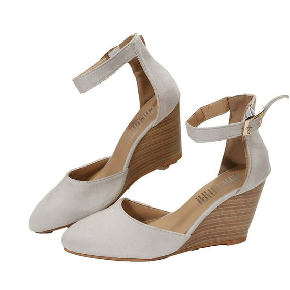 Penkiiy Women's Closed Toe Flat Shoes with Ankle Strap, Flats for Women, Pointed Toe Dress Shoes with Low Wedge Heel 43 Beige