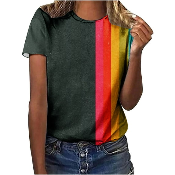 Penkiiy Women's Colorful T-Shirt Rainbow Round Neck Short Sleeve Basic Shirt Top Blouse 2XL Multicolor