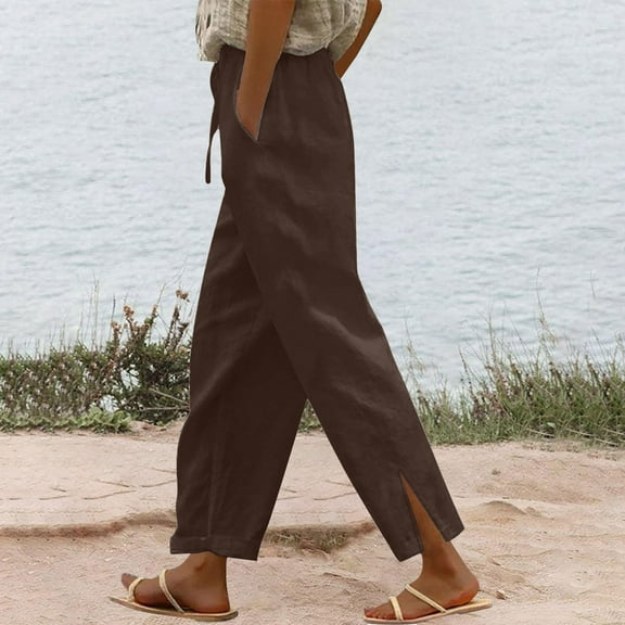 Penkiiy Women's Cotton Linen Wide Leg Pants - Comfort Fit Boho Chic Drawstring Lounge Trousers for Casual & Vacation Essentials (Solid Color M Brown