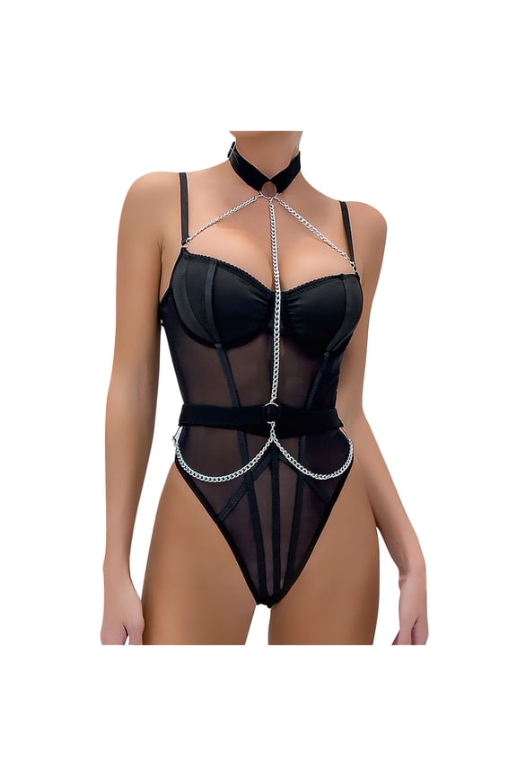 Women's Deep V Neck Chain Linked Glitter Halter Bodysuit Tank Top Black Shapewear Tummy Control