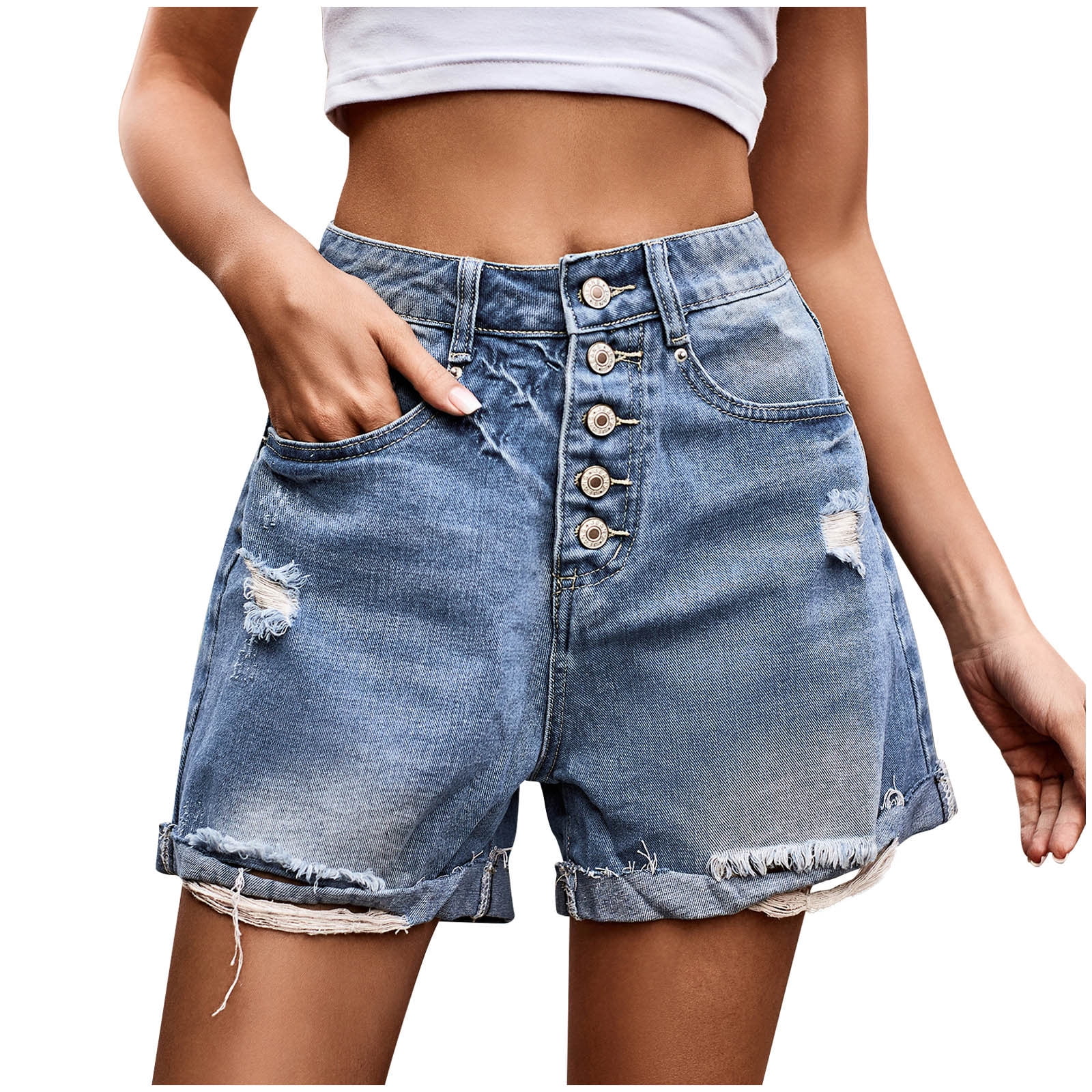 Penkiiy Women's Denim Button Zipper Short Summer Mid Waist Stretchy Pockets  Jean Shorts Sports Bras M Blue on Sale