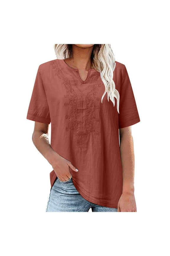 Women's Embroidered Blouse Cotton Linen Short Sleeve Peasant Boho Tunic Tops Casual Notch V Neck Loose Fit T-Shirt 3XL Red
