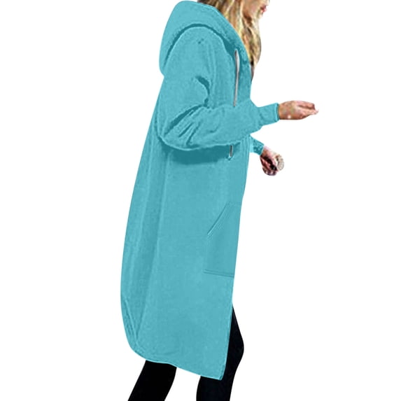 Penkiiy Women's Fall And Winter Popular Sweater Hooded Long Sleeve Hoodies Plush Insert Long Jacket Warm Windbreaker Coat 3XL Sky Blue