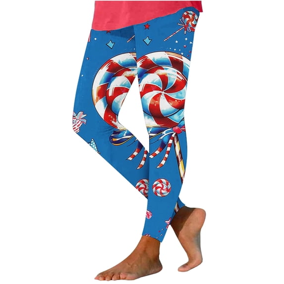 Penkiiy Women's Fashion Independence Day Print Leggings With Yoga Sport Elastic Pants S Blue
