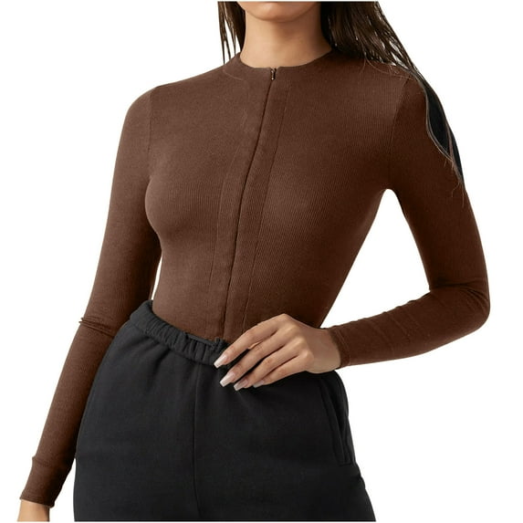 Penkiiy Women's Fashion Zipper Slimming Temperament Solid Color Long-sleeved Shapewear Brown Shapewear Tummy Control