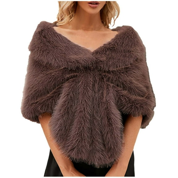 Penkiiy Women's Faux Fur Shawl Wraps Stole Cloak Coat Sweater Cape for Evening Party/Bridal/Wedding Scarf Coffee