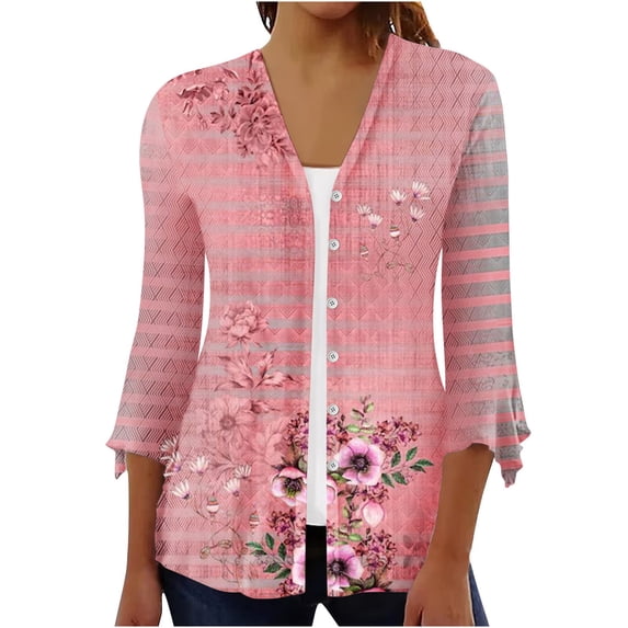 Penkiiy Women's Floral Print Puff Sleeve Cardigan Loose Cover Up Blouse Tops 3/4 Sleeve Ruffle Open Front Button Cardigan Pink for XL