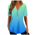 thumbnail image 1 of Penkiiy Women's Floral Printed Short Sleeve Henley V Neck T-Shirt Pleated Casual Flowy Tunic Blouse Tops 2XL Blue, 1 of 5