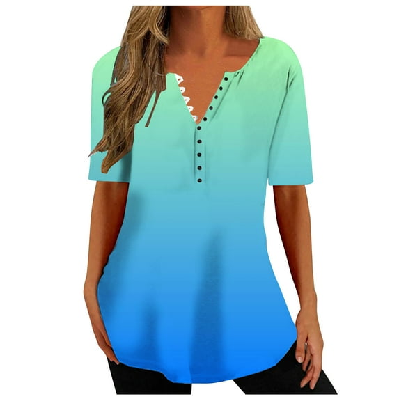 Penkiiy Women's Floral Printed Short Sleeve Henley V Neck T-Shirt Pleated Casual Flowy Tunic Blouse Tops L Blue